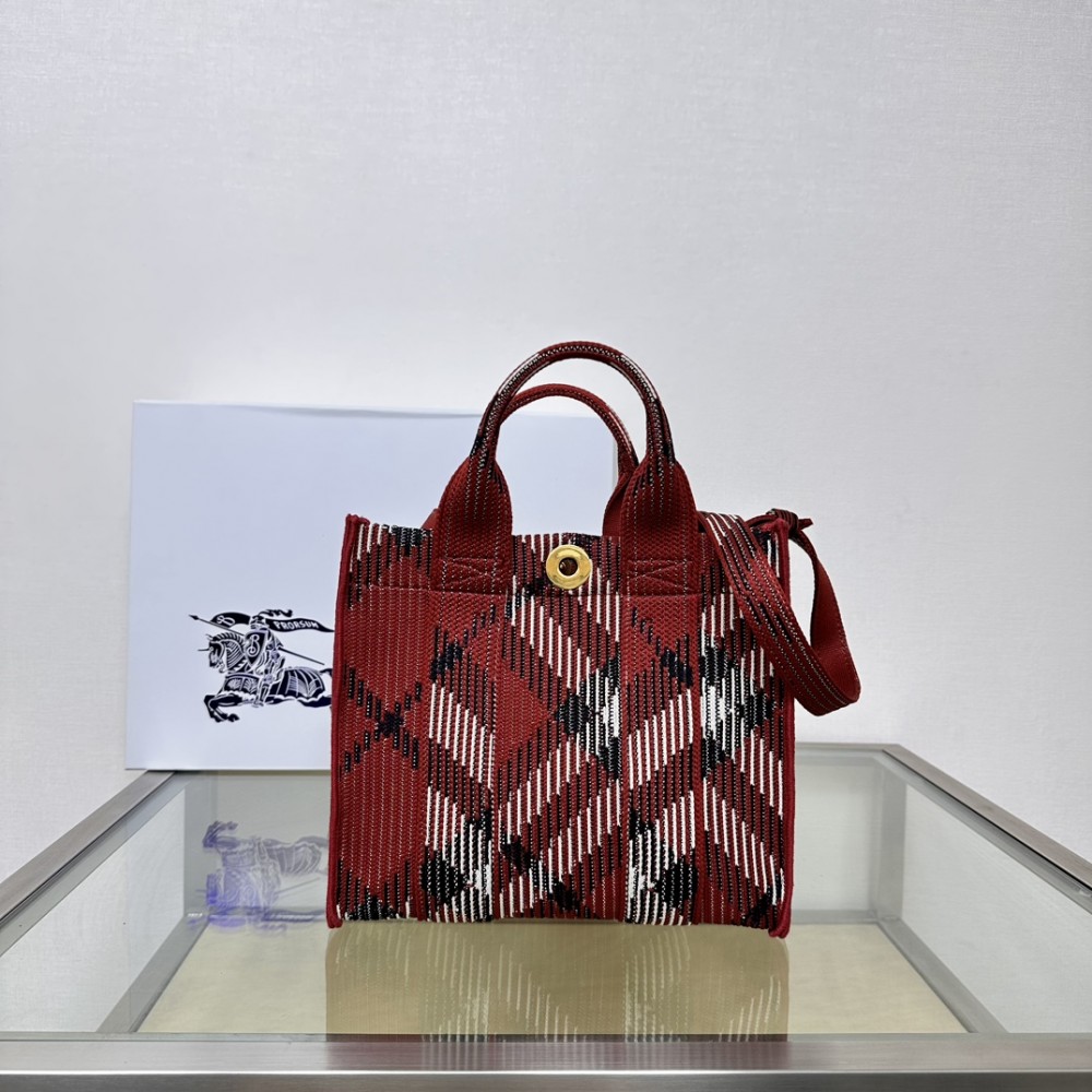 Burberry Mini Check Black, White and Red Knit Tote Bag Burberry Mini Check Black, White and Red Knit Tote Bag