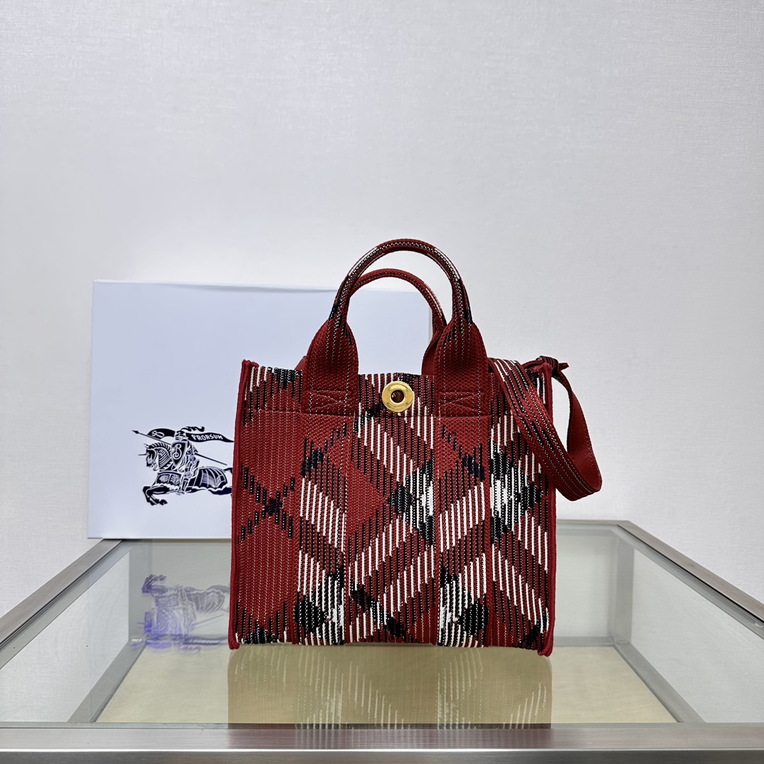 Burberry Mini Check Black, White and Red Knit Tote Bag Burberry Mini Check Black, White and Red Knit Tote Bag