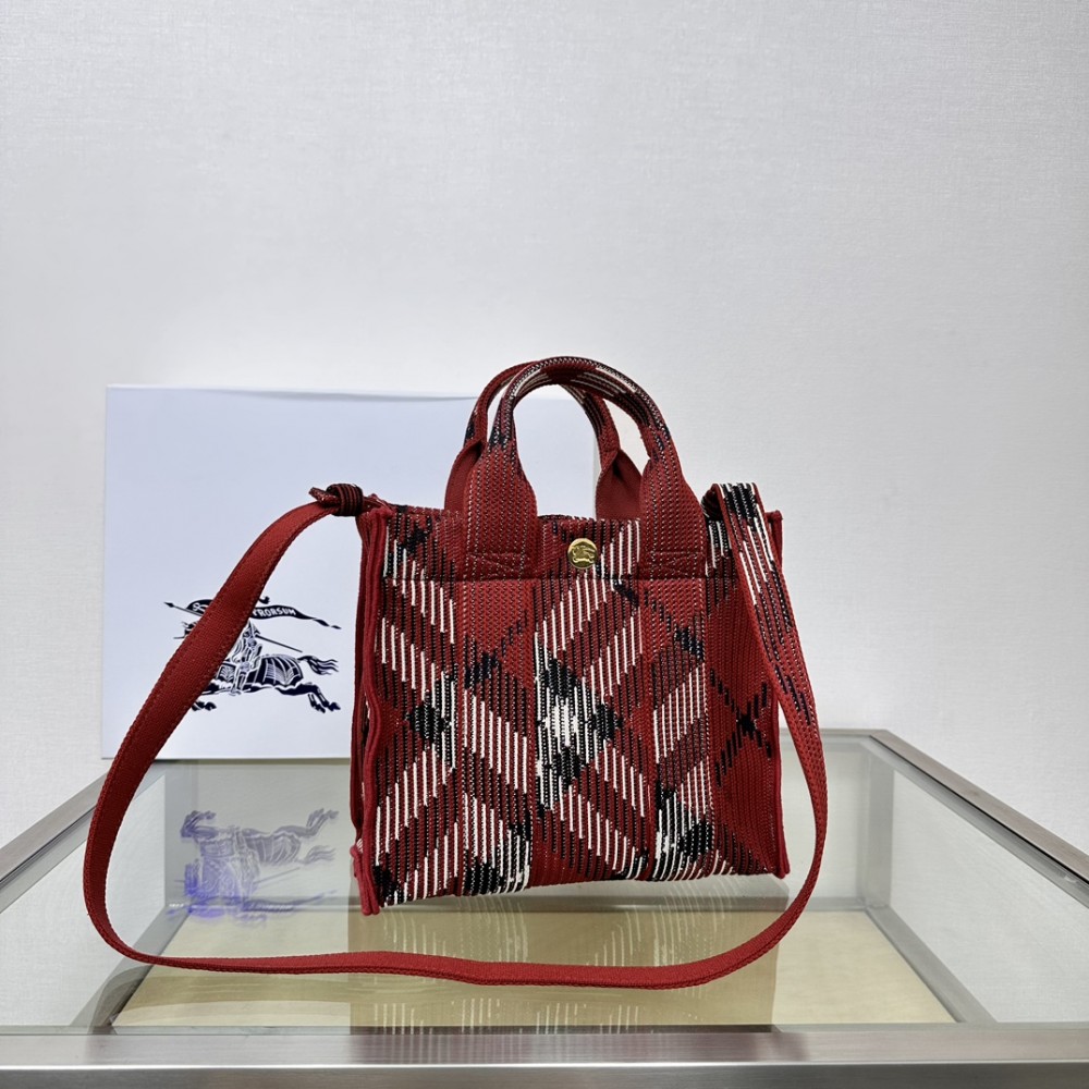 Burberry Mini Check Black, White and Red Knit Tote Bag Burberry Mini Check Black, White and Red Knit Tote Bag