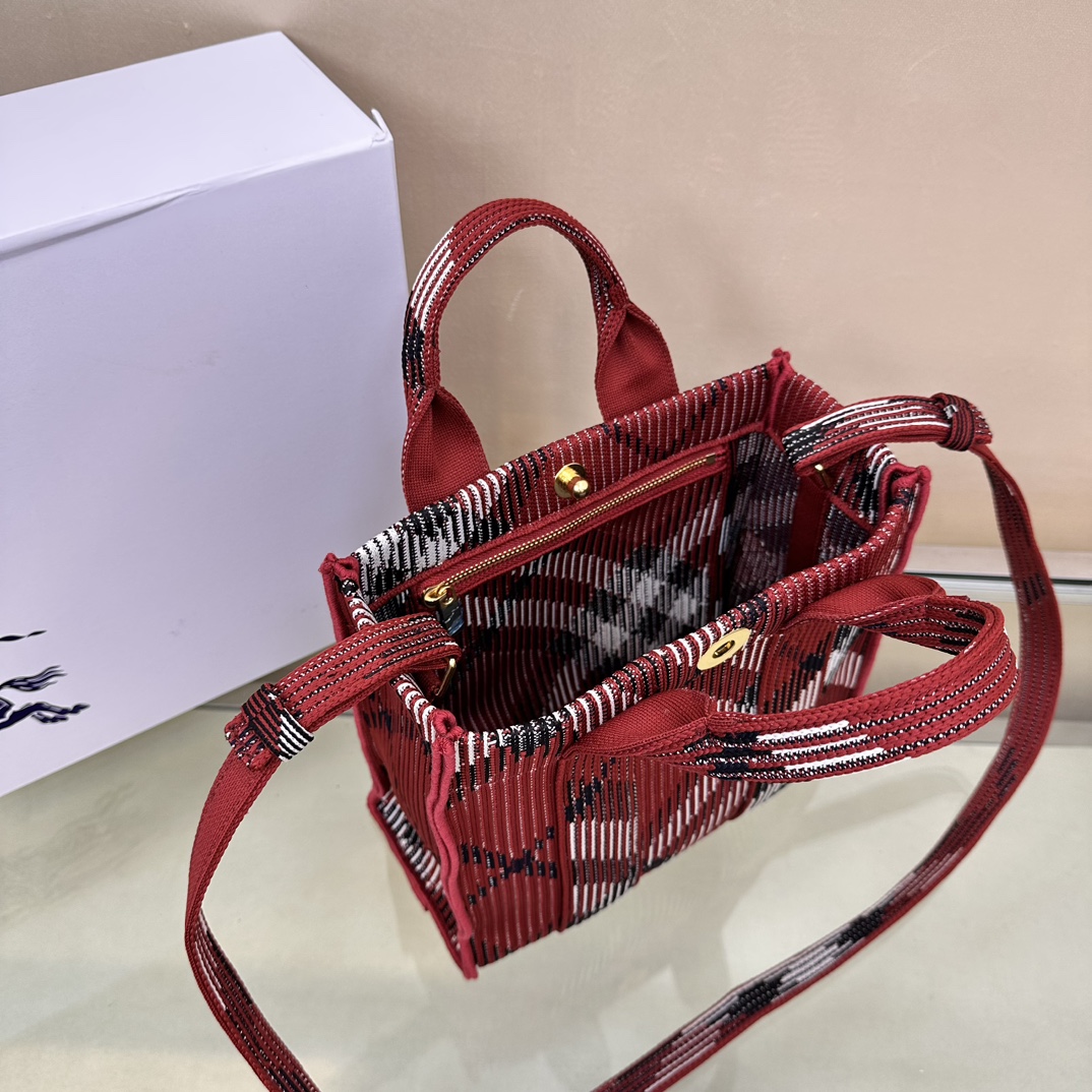 Burberry Mini Check Black, White and Red Knit Tote Bag Burberry Mini Check Black, White and Red Knit Tote Bag