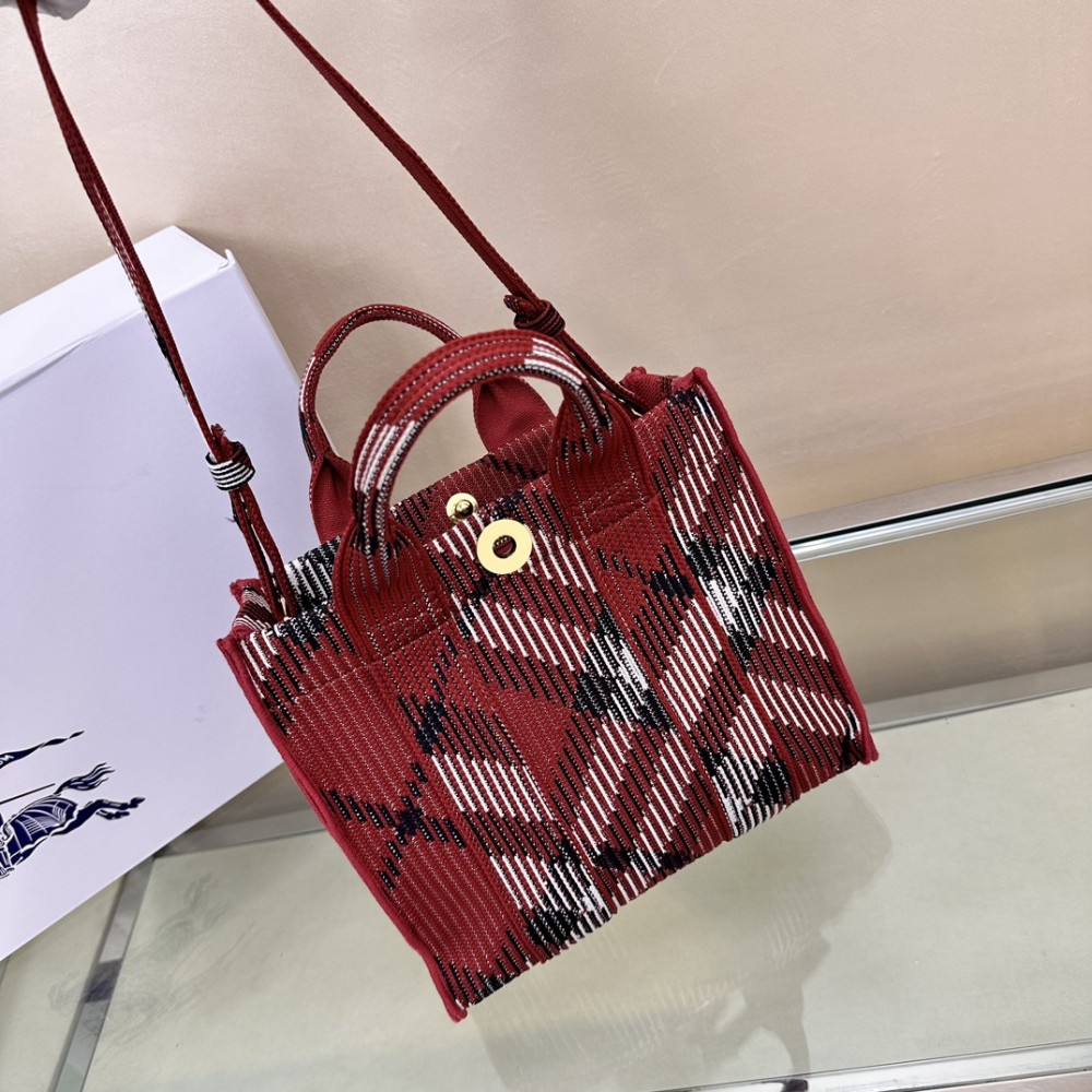 Burberry Mini Check Black, White and Red Knit Tote Bag Burberry Mini Check Black, White and Red Knit Tote Bag