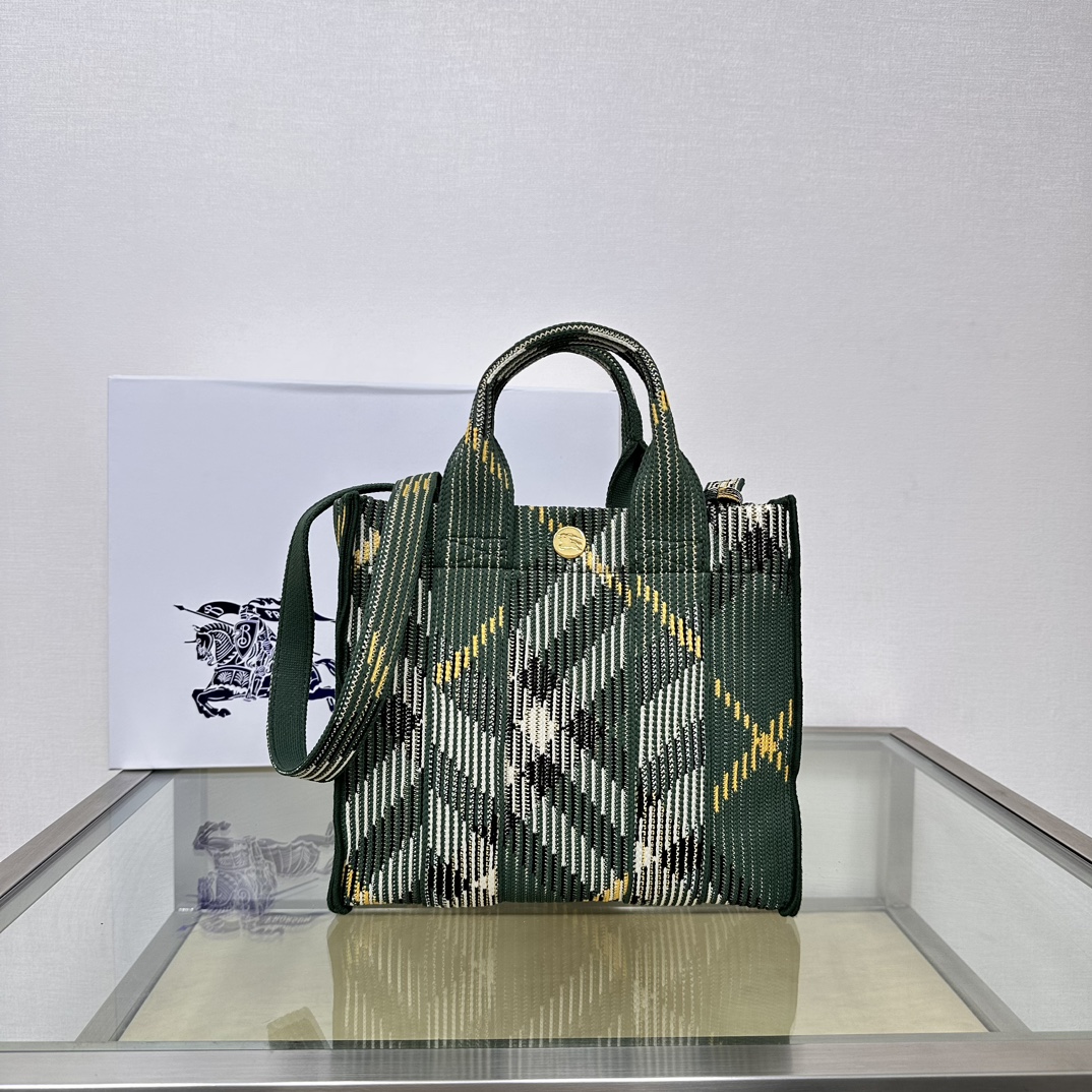 Burberry Mini Check Dark Green and White Knit Tote Bag Burberry Mini Check Dark Green and White Knit Tote Bag