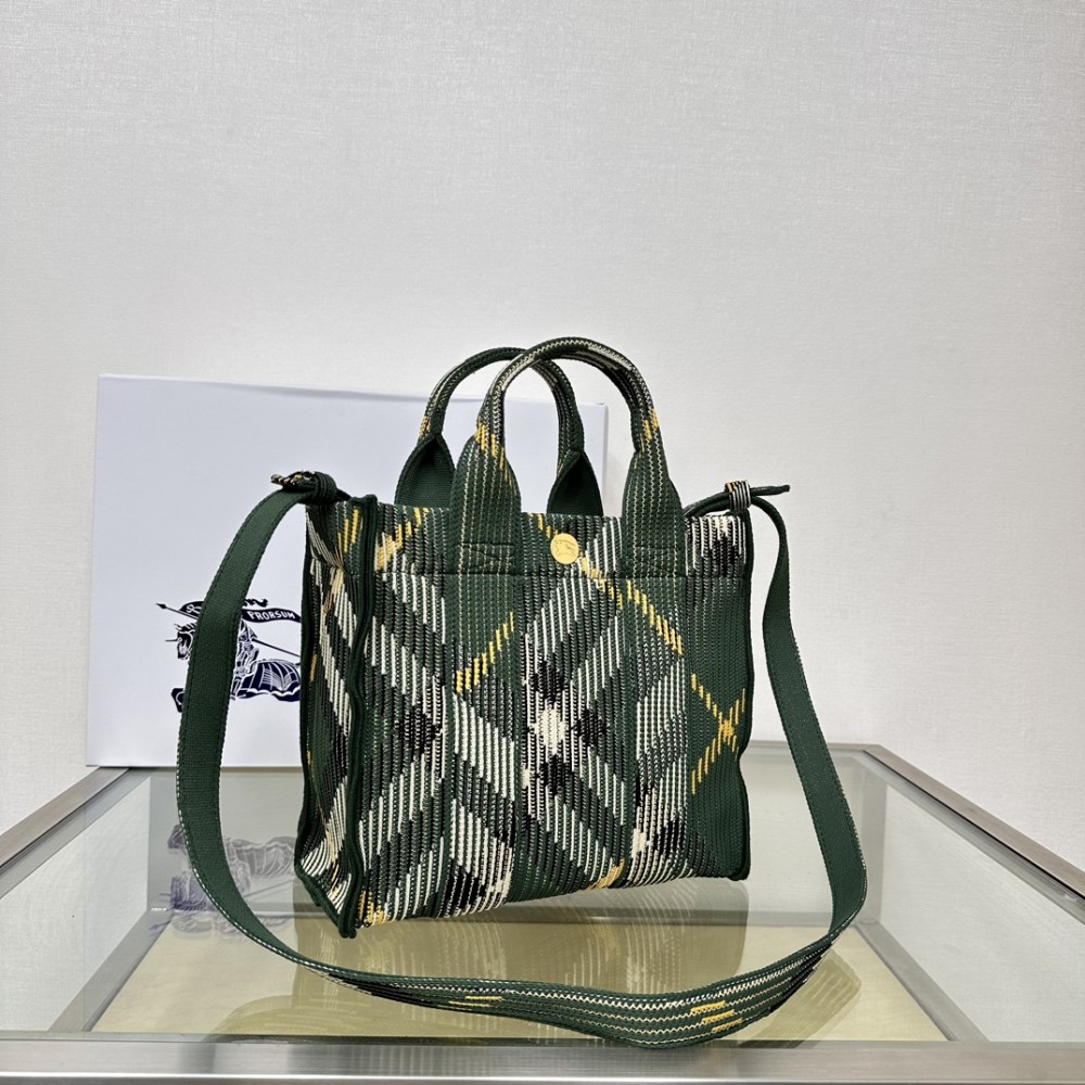 Burberry Mini Check Dark Green and White Knit Tote Bag Burberry Mini Check Dark Green and White Knit Tote Bag