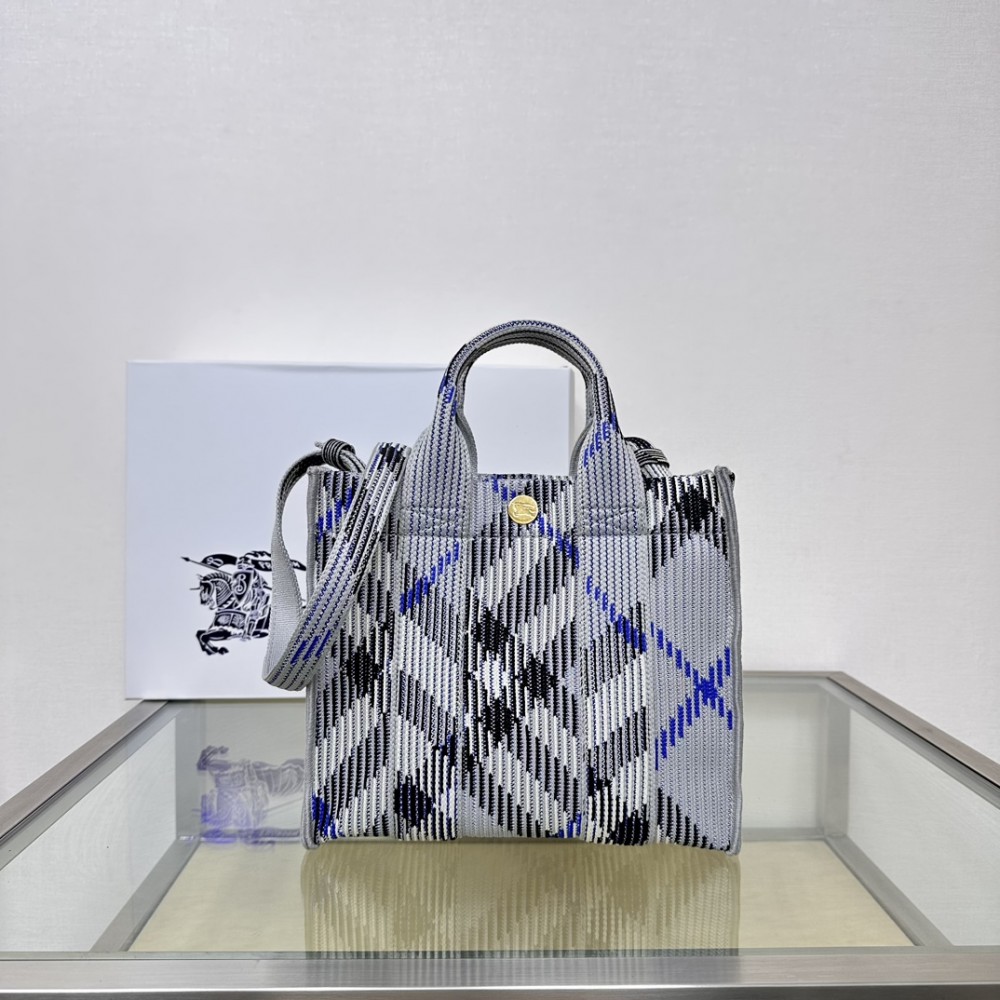Burberry Mini Check Light Blue and White Knit Tote Bag Burberry Mini Check Light Blue and White Knit Tote Bag