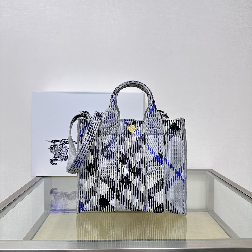 Burberry Mini Check Light Blue and White Knit Tote Bag Burberry Mini Check Light Blue and White Knit Tote Bag