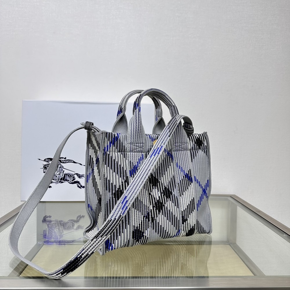 Burberry Mini Check Light Blue and White Knit Tote Bag Burberry Mini Check Light Blue and White Knit Tote Bag