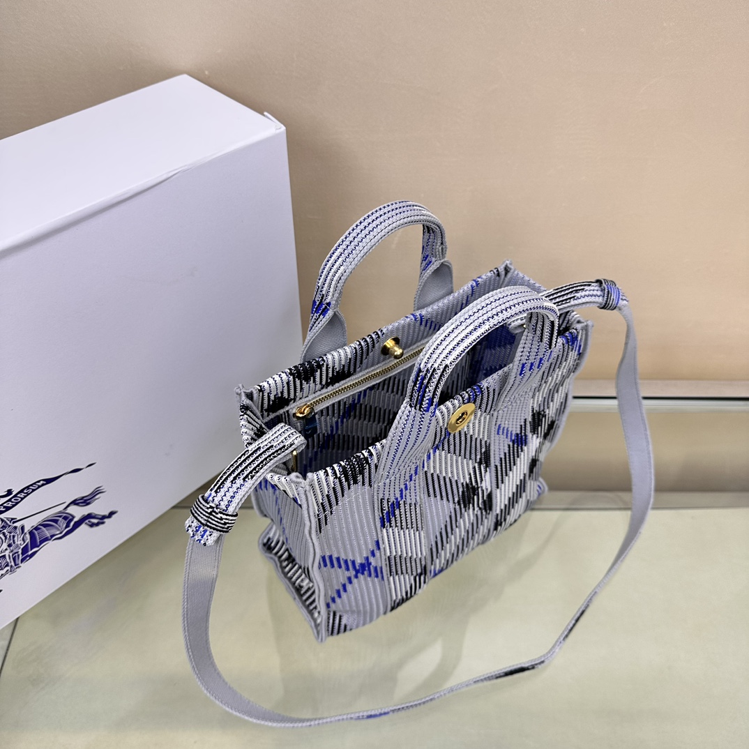 Burberry Mini Check Light Blue and White Knit Tote Bag Burberry Mini Check Light Blue and White Knit Tote Bag