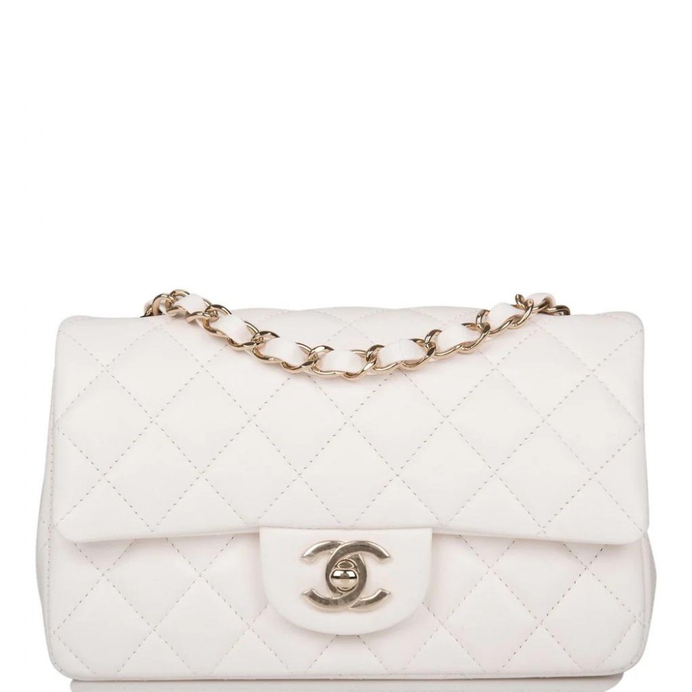 CHANEL White Quilted Lambskin Rectangular Mini Classic Flap Bag Light Gold Hardware