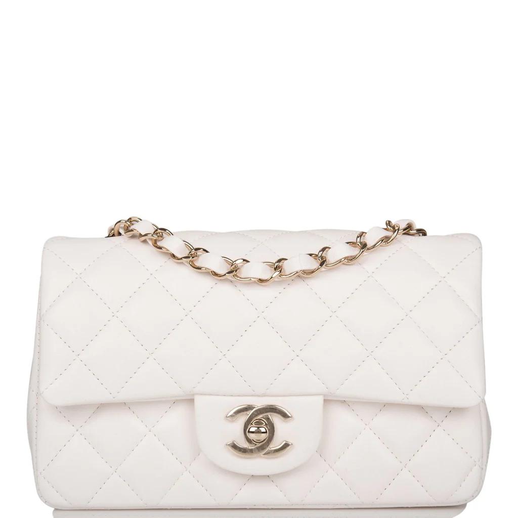 CHANEL White Quilted Lambskin Rectangular Mini Classic Flap Bag Light Gold Hardware