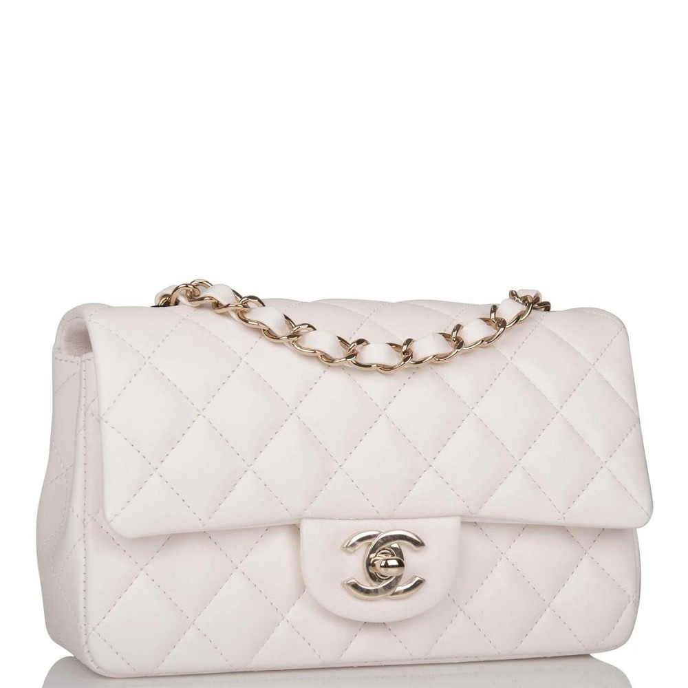 CHANEL White Quilted Lambskin Rectangular Mini Classic Flap Bag Light Gold Hardware
