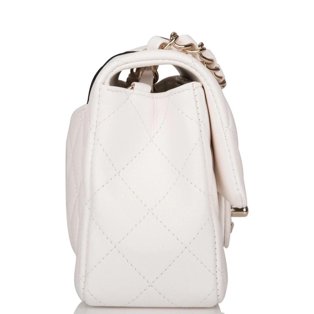 CHANEL White Quilted Lambskin Rectangular Mini Classic Flap Bag Light Gold Hardware