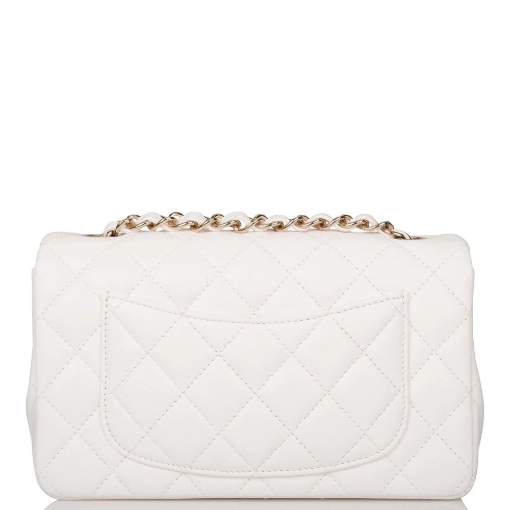 CHANEL White Quilted Lambskin Rectangular Mini Classic Flap Bag Light Gold Hardware