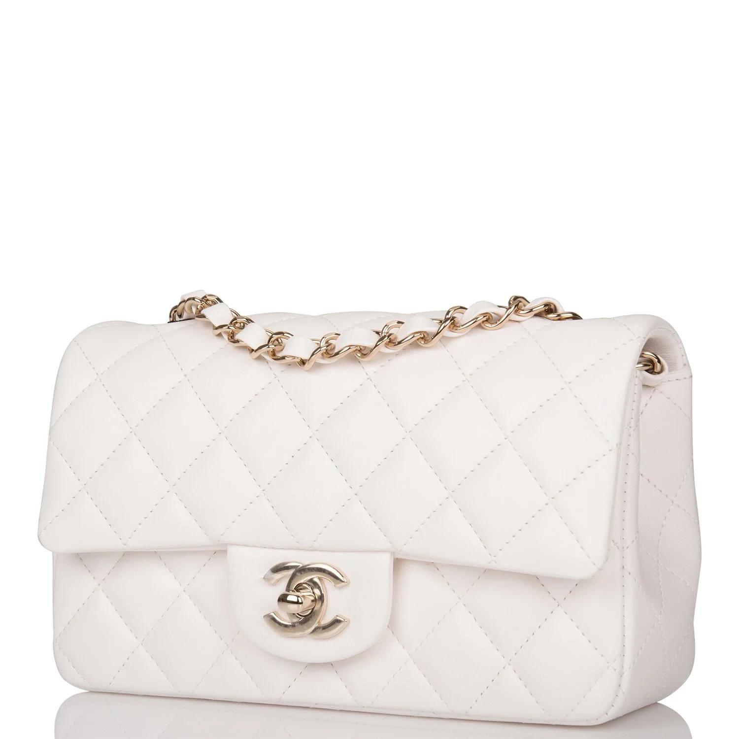 CHANEL White Quilted Lambskin Rectangular Mini Classic Flap Bag Light Gold Hardware