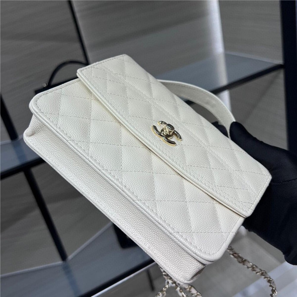 Chanel Double C Metal Chain Diamond Check White Frosted Texture Bag Chanel Double C Metal Chain Diamond Check White Frosted Texture Bag