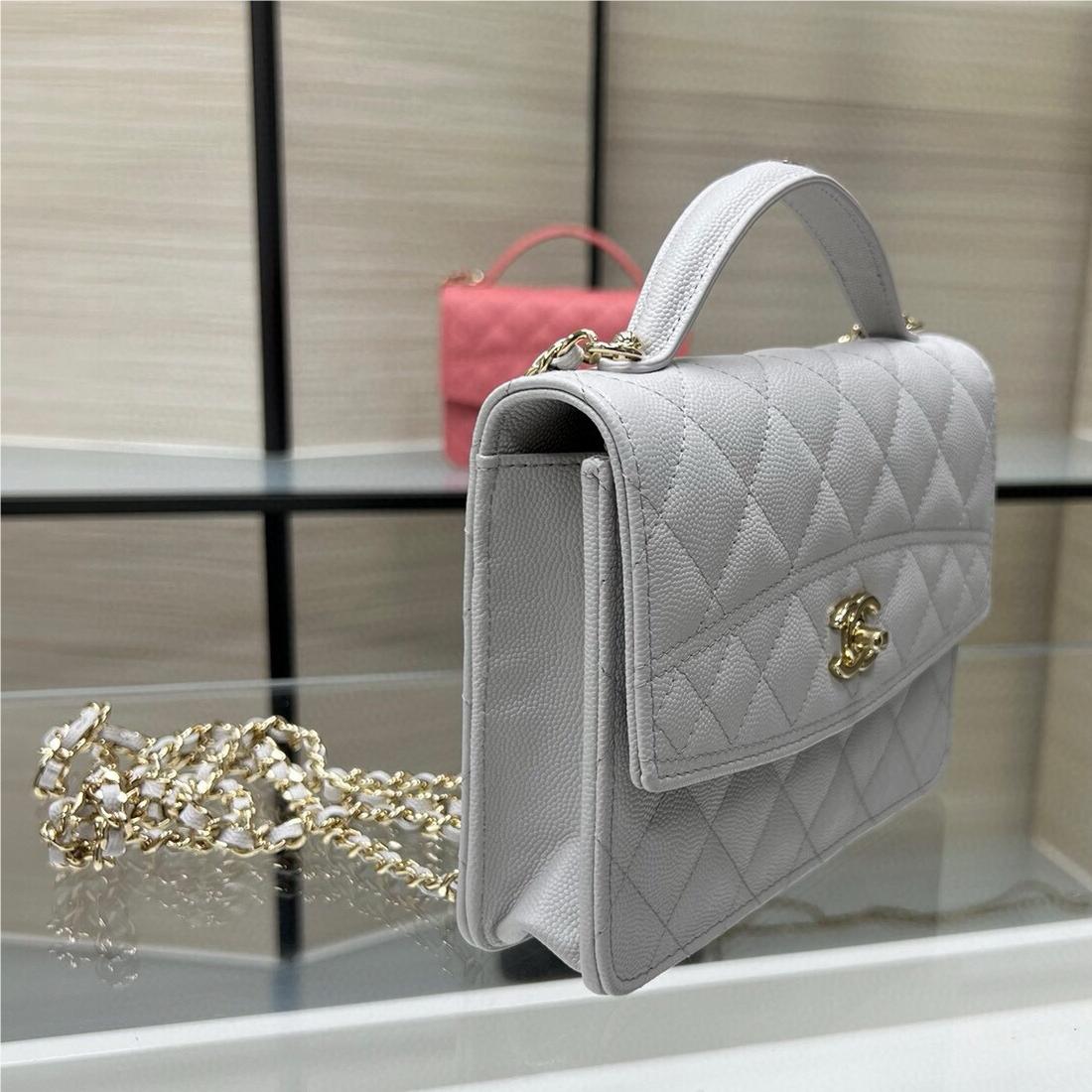 Chanel Double C Metal Chain Light Grey Quilted Flap Bag Chanel Double C Metal Chain Light Grey Quilted Flap Bag