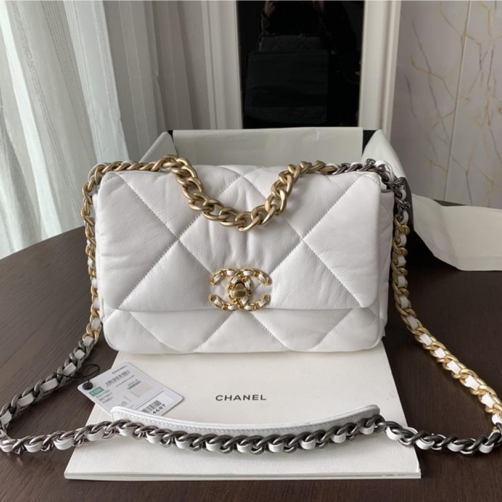 Chanel Double C Mixed Color Metal Chain Classic White Quilted Flap Bag Chanel Double C Mixed Color Metal Chain Classic White Quilted Flap Bag