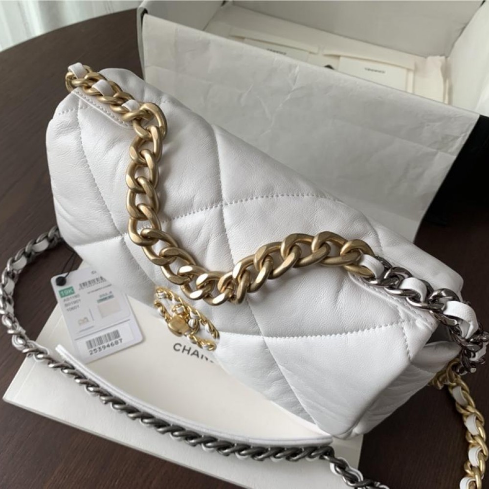 Chanel Double C Mixed Color Metal Chain Classic White Quilted Flap Bag Chanel Double C Mixed Color Metal Chain Classic White Quilted Flap Bag