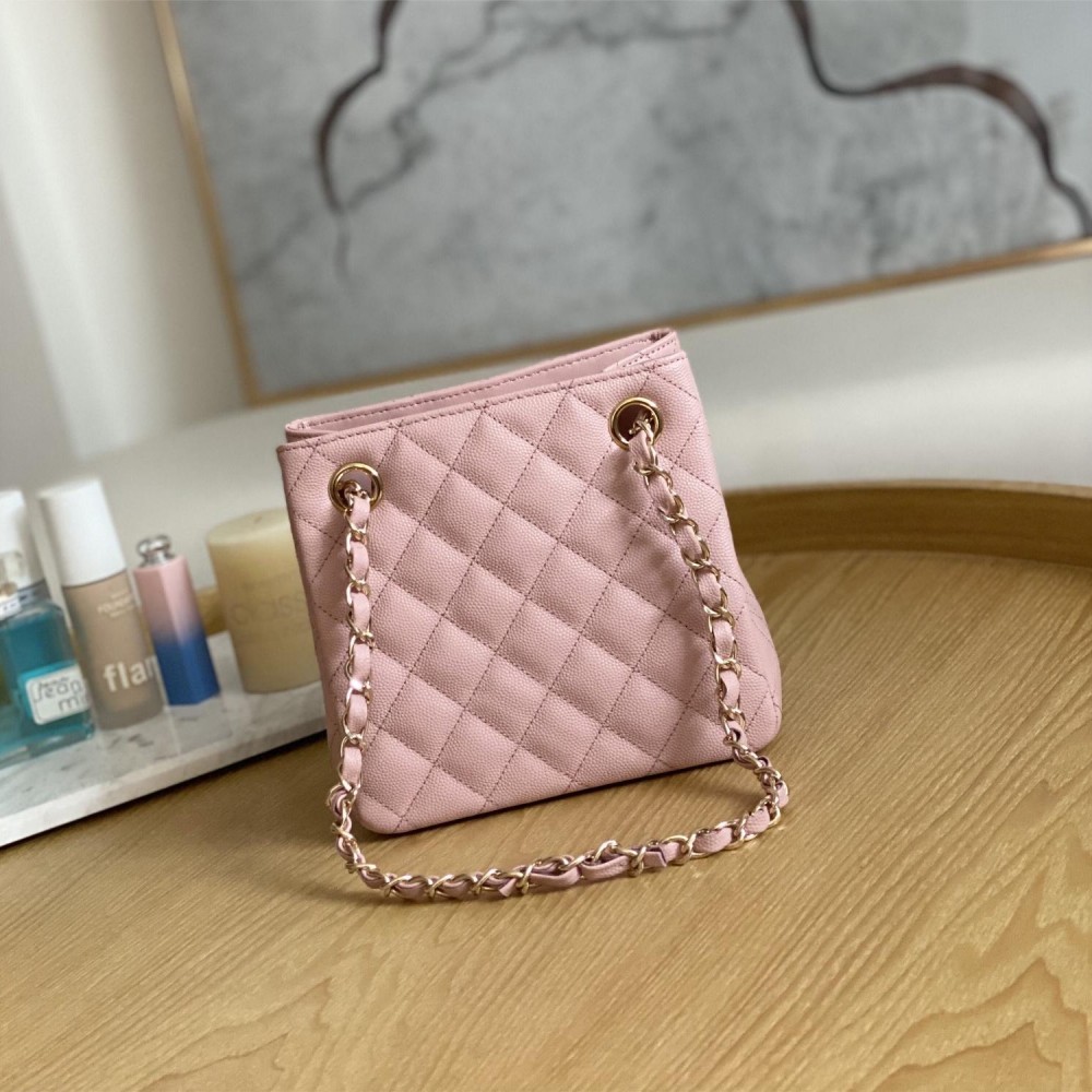 Chanel Classic Series Pink Caviar Textured Exquisite Diamond Pattern Double C Chain Bag