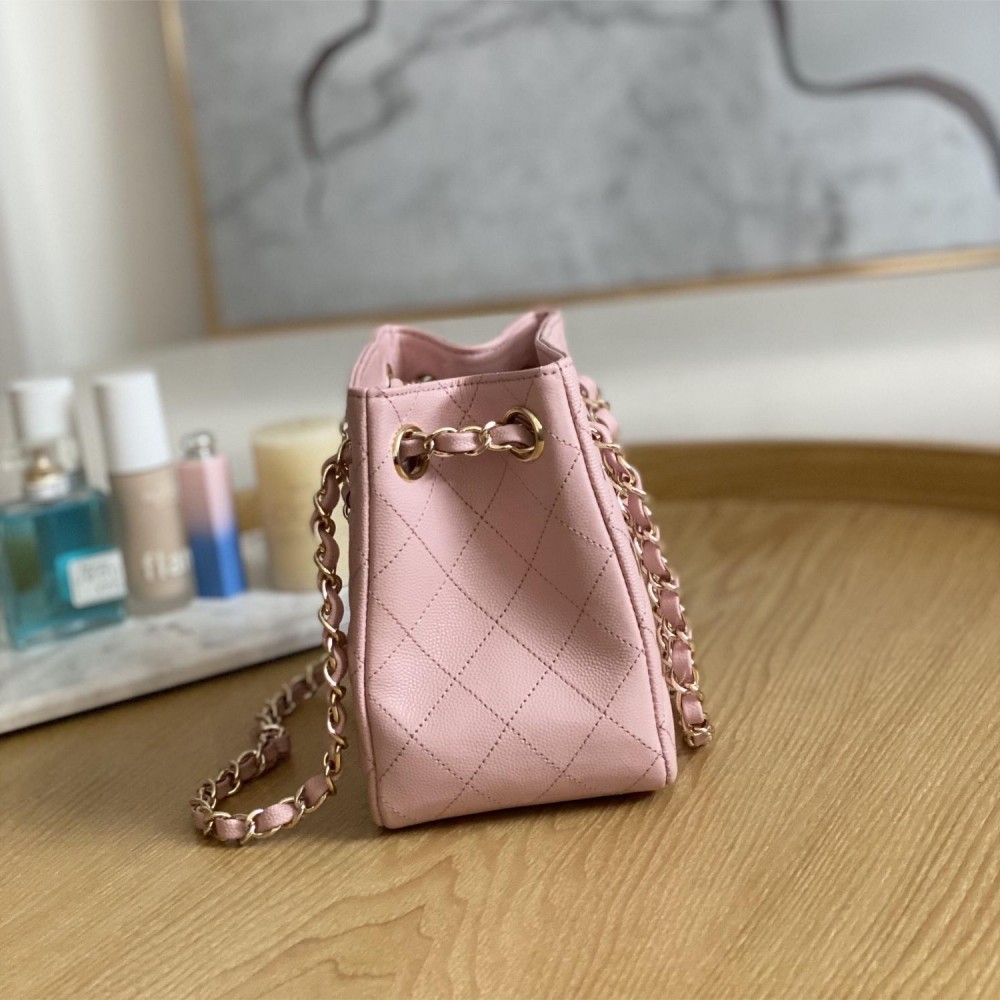 Chanel Classic Series Pink Caviar Textured Exquisite Diamond Pattern Double C Chain Bag