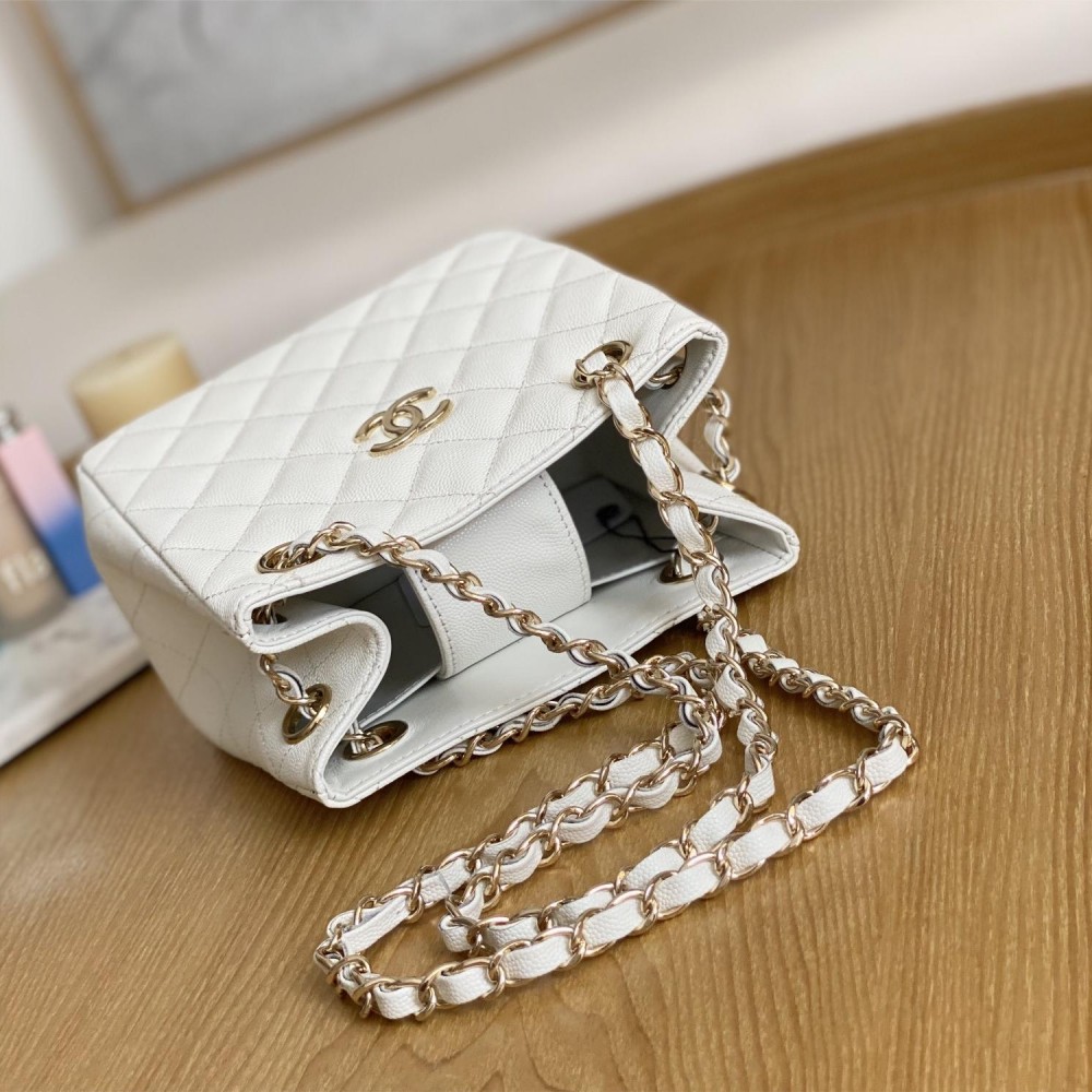 Chanel Classic Series Pure White Caviar Textured Exquisite Diamond Pattern Double C Chain Bag
