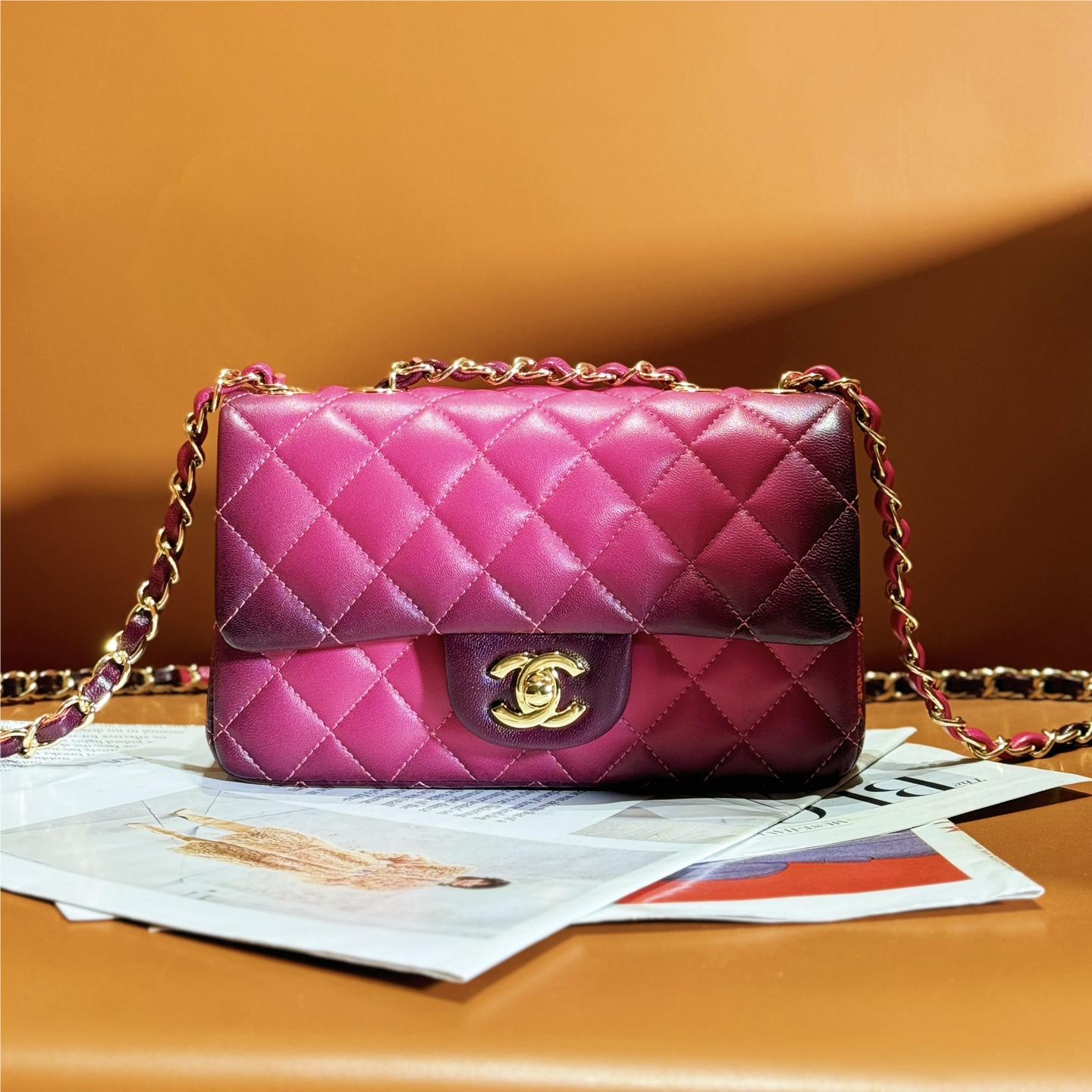 Chanel Dark Pink Diamond Check Flap Chain Small Handbag