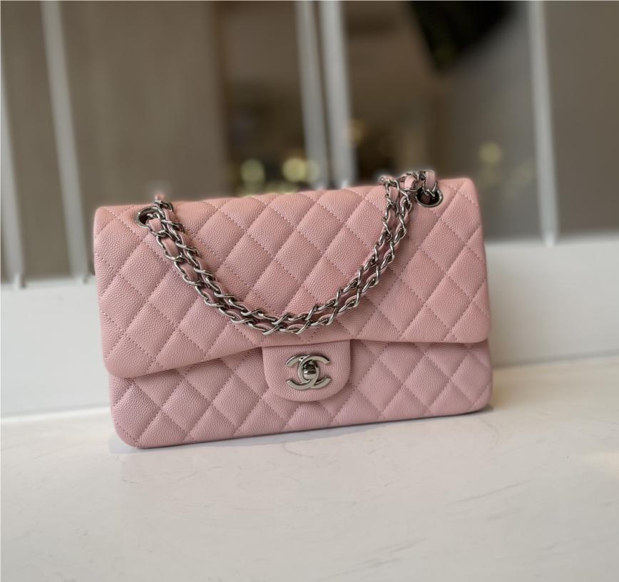Chanel classic flap diamond check dream pink leather small silver chain bag Chanel classic flap diamond check dream pink leather small silver chain bag