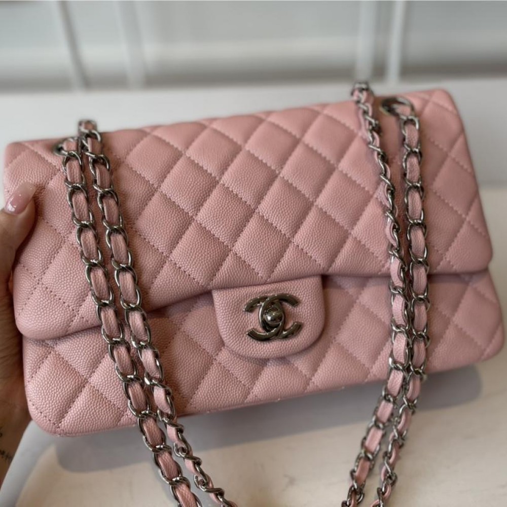 Chanel classic flap diamond check dream pink leather small silver chain bag Chanel classic flap diamond check dream pink leather small silver chain bag