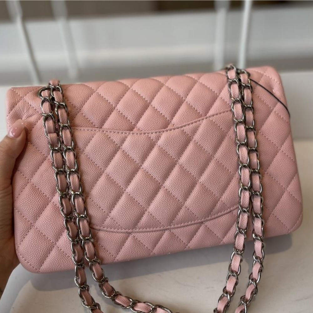 Chanel classic flap diamond check dream pink leather small silver chain bag Chanel classic flap diamond check dream pink leather small silver chain bag