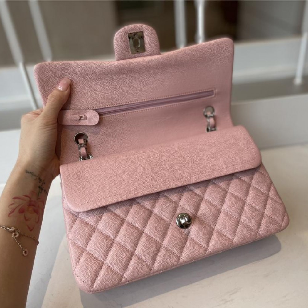 Chanel classic flap diamond check dream pink leather small silver chain bag Chanel classic flap diamond check dream pink leather small silver chain bag