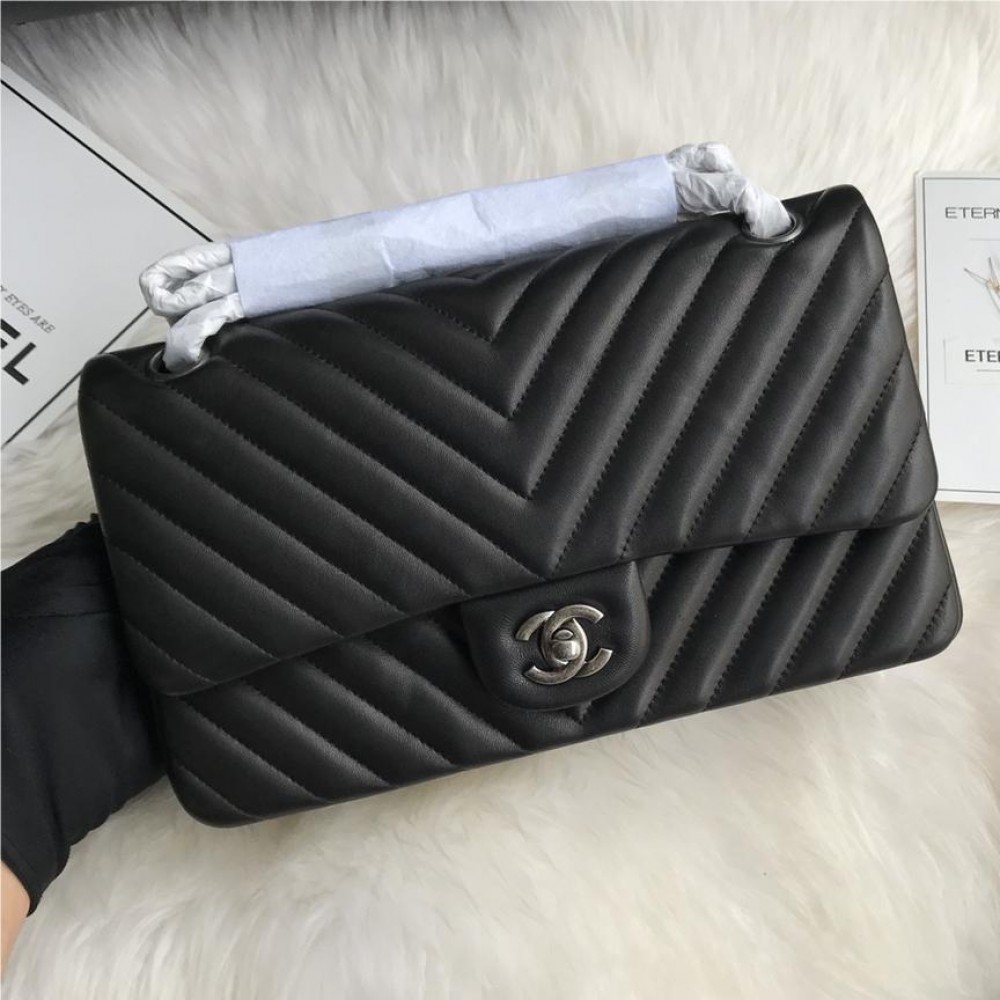 Chanel Boy Classic Flap Bag in Black Leather with Silver Lock and Chain Chanel Boy Classic Flap Bag in Black Leather with Silver Lock and Chain
