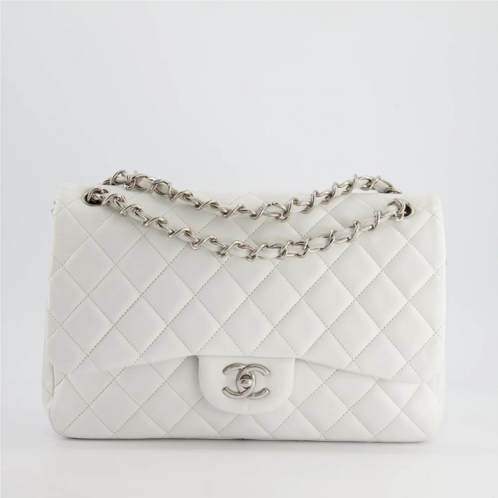 CHANEL white jumbo classic double flap BA gin lambskin leather with silver hardware CHANEL white jumbo classic double flap BA gin lambskin leather with silver hardware