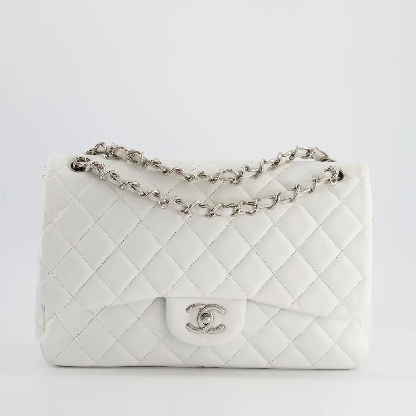 CHANEL white jumbo classic double flap BA gin lambskin leather with silver hardware CHANEL white jumbo classic double flap BA gin lambskin leather with silver hardware