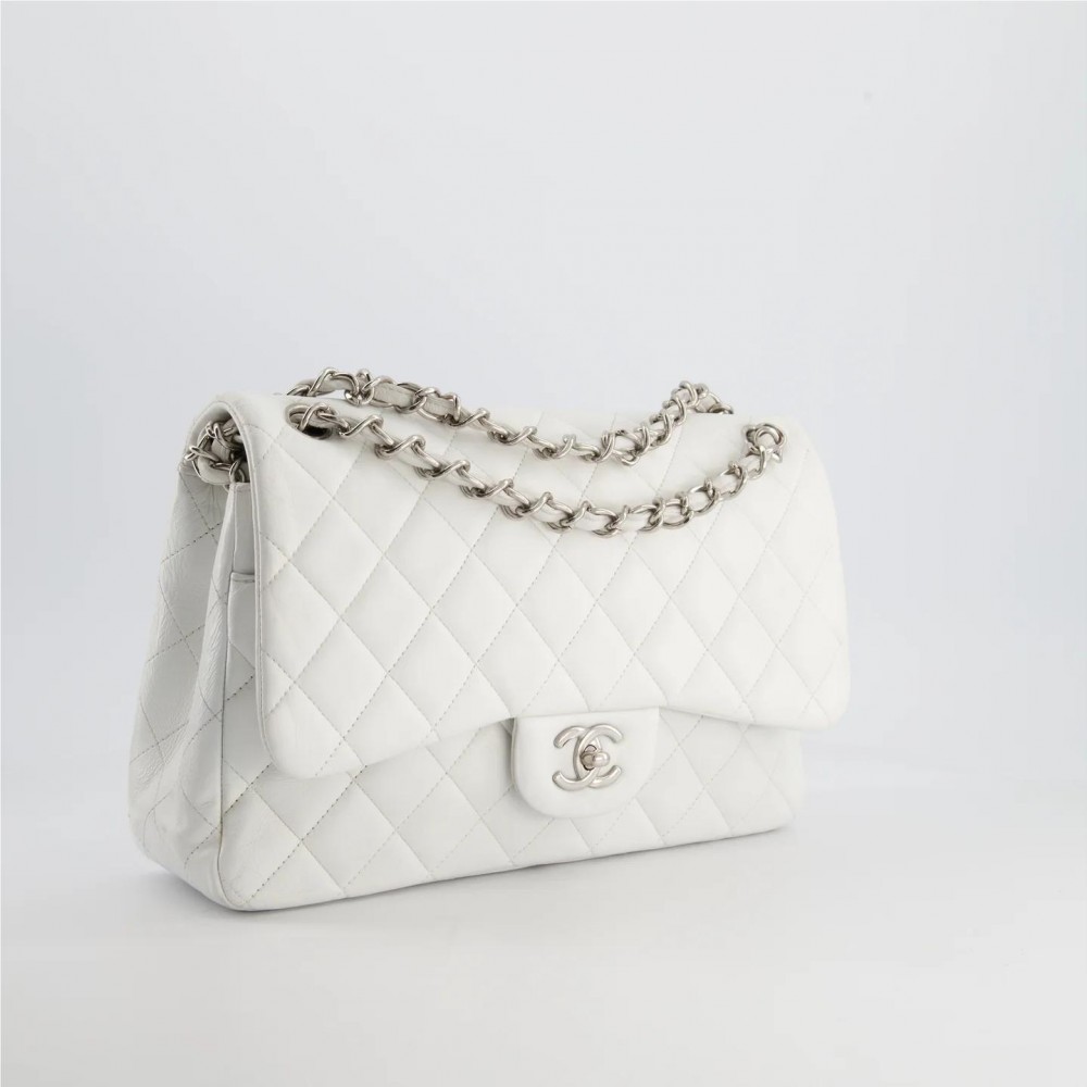 CHANEL white jumbo classic double flap BA gin lambskin leather with silver hardware CHANEL white jumbo classic double flap BA gin lambskin leather with silver hardware