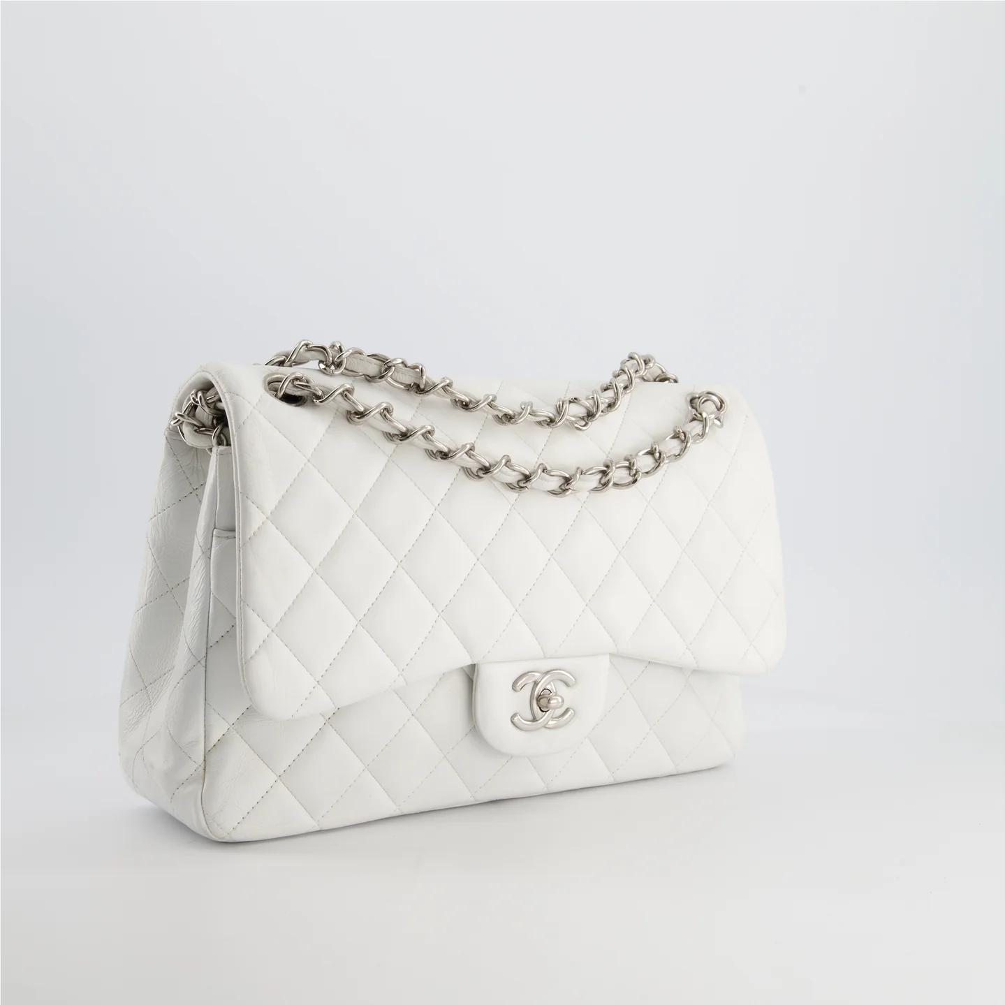 CHANEL white jumbo classic double flap BA gin lambskin leather with silver hardware CHANEL white jumbo classic double flap BA gin lambskin leather with silver hardware