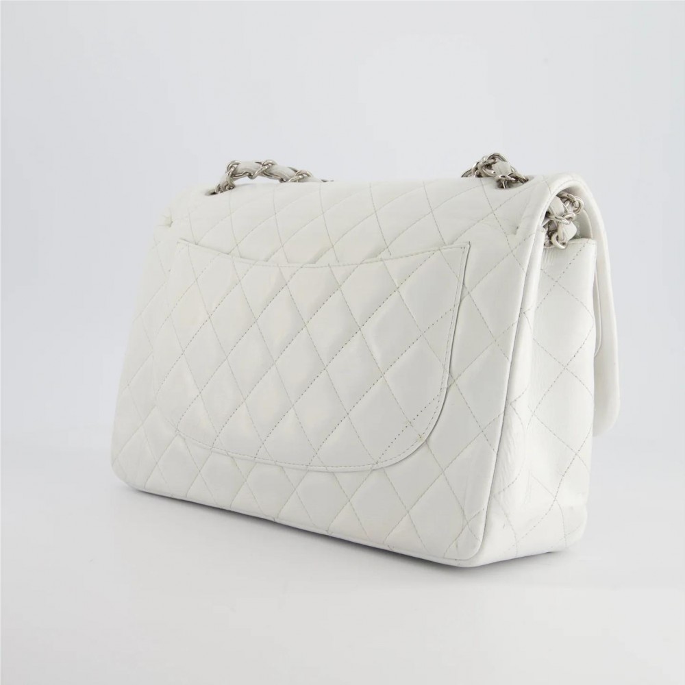 CHANEL white jumbo classic double flap BA gin lambskin leather with silver hardware CHANEL white jumbo classic double flap BA gin lambskin leather with silver hardware