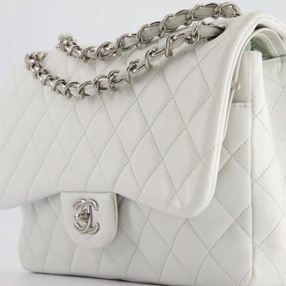 CHANEL white jumbo classic double flap BA gin lambskin leather with silver hardware CHANEL white jumbo classic double flap BA gin lambskin leather with silver hardware