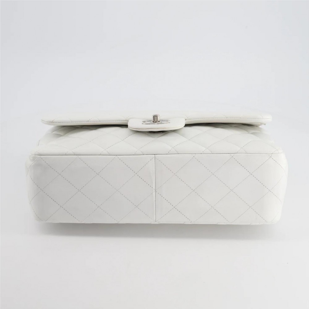 CHANEL white jumbo classic double flap BA gin lambskin leather with silver hardware CHANEL white jumbo classic double flap BA gin lambskin leather with silver hardware