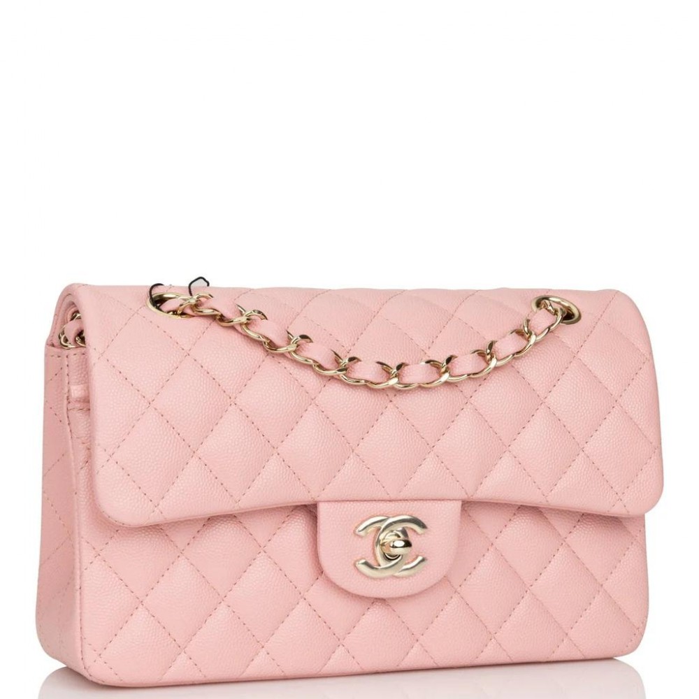 CHANEL Small Classic Double Flap Pink Caviar Light Gold Hardware CHANEL Small Classic Double Flap Pink Caviar Light Gold Hardware