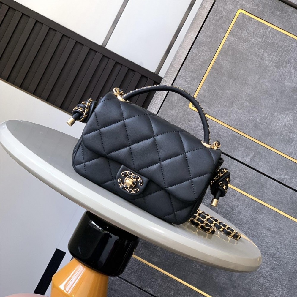 CHANEL Black Gold Lambskin Quilted Mini Top Handle Rectangular Flap CHANEL Black Gold Lambskin Quilted Mini Top Handle Rectangular Flap