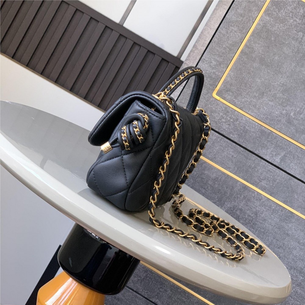 CHANEL Black Gold Lambskin Quilted Mini Top Handle Rectangular Flap CHANEL Black Gold Lambskin Quilted Mini Top Handle Rectangular Flap
