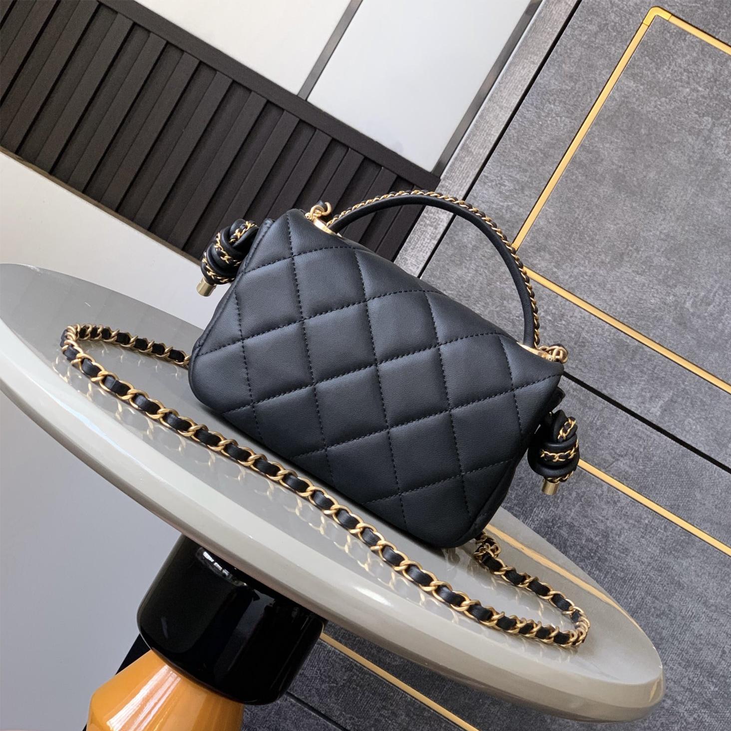 CHANEL Black Gold Lambskin Quilted Mini Top Handle Rectangular Flap CHANEL Black Gold Lambskin Quilted Mini Top Handle Rectangular Flap