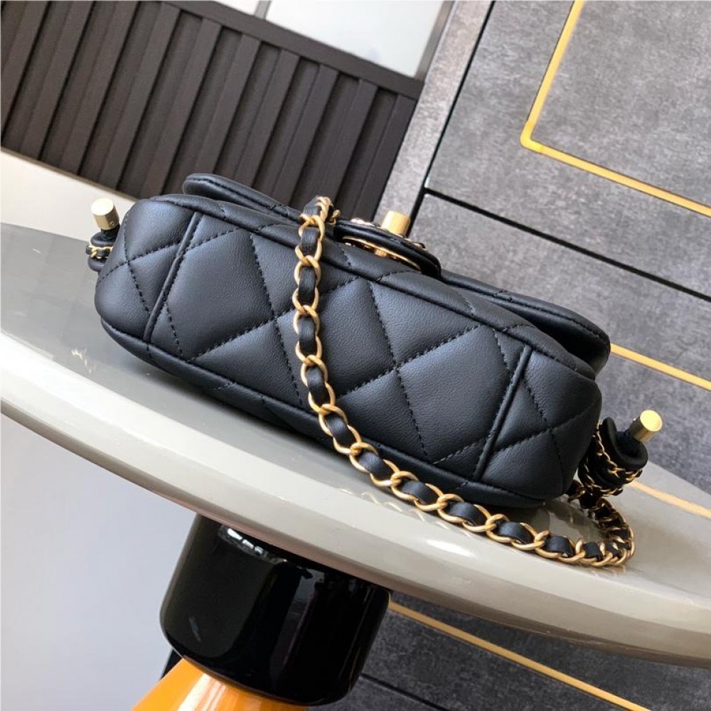 CHANEL Black Gold Lambskin Quilted Mini Top Handle Rectangular Flap CHANEL Black Gold Lambskin Quilted Mini Top Handle Rectangular Flap