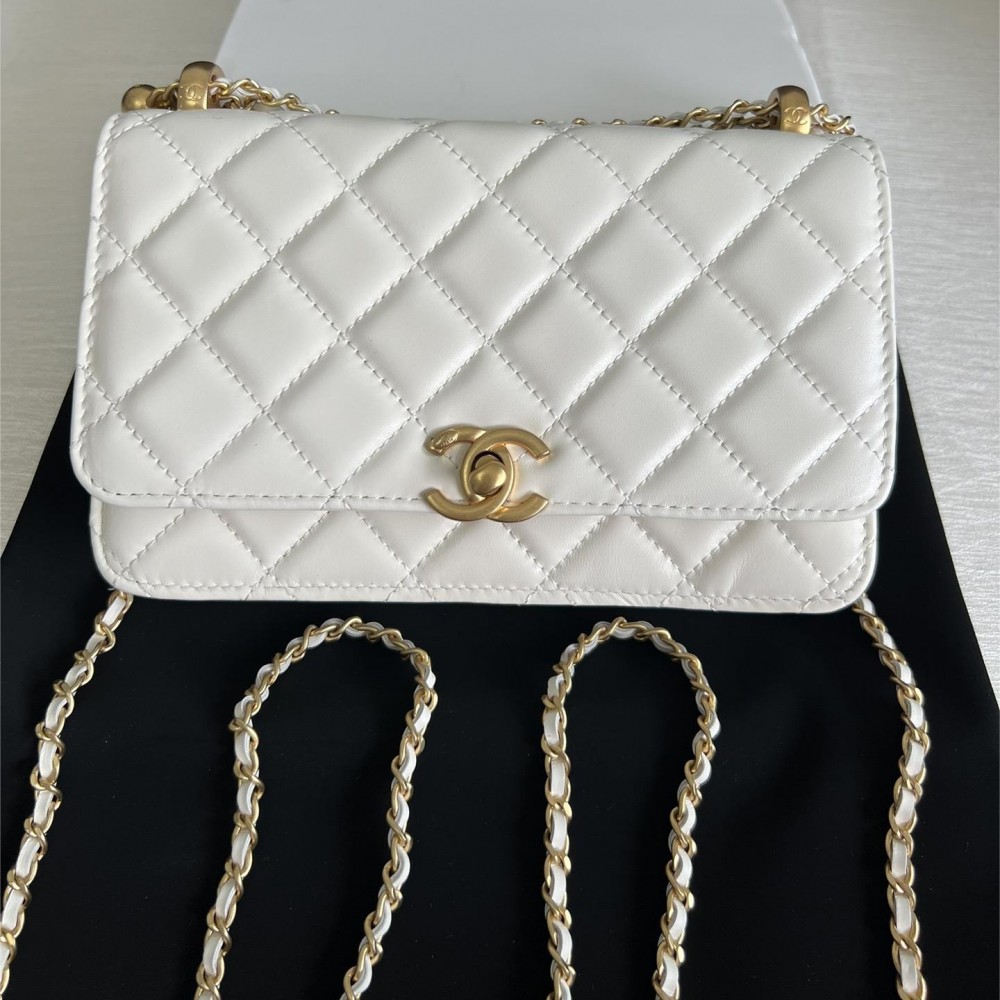 CHANEL Classic Flap Quilted White Lambskin Metal Strap Flap Bag CHANEL Classic Flap Quilted White Lambskin Metal Strap Flap Bag