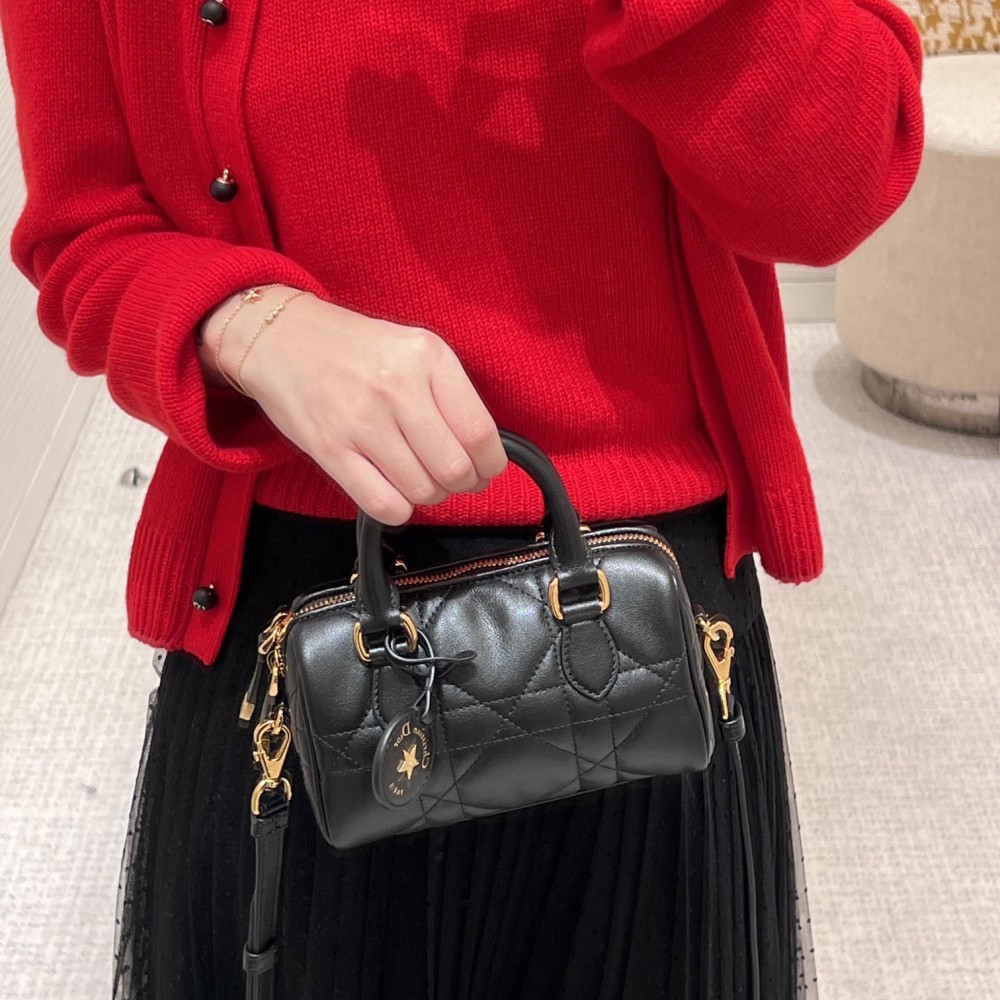 Christian Dior My Dior series matte lambskin matte rattan check medium pure black handbag Christian Dior My Dior series matte lambskin matte rattan check medium pure black handbag