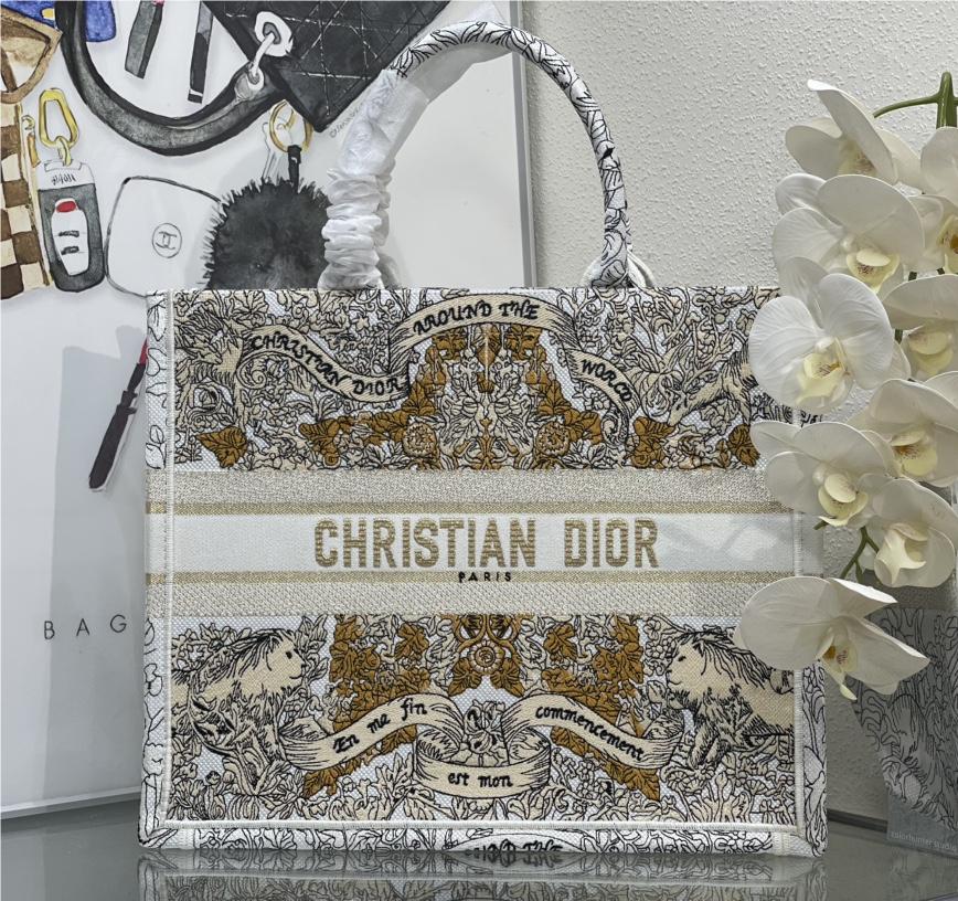 Christian Dior BOOK TOTE Platinum printed fabric and black leather handbag Christian Dior BOOK TOTE Platinum printed fabric and black leather handbag