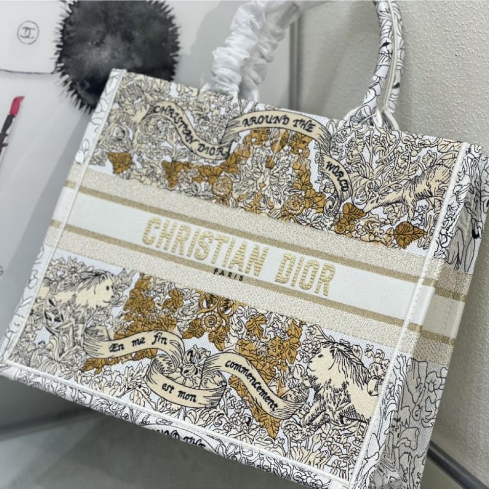 Christian Dior BOOK TOTE Platinum printed fabric and black leather handbag Christian Dior BOOK TOTE Platinum printed fabric and black leather handbag