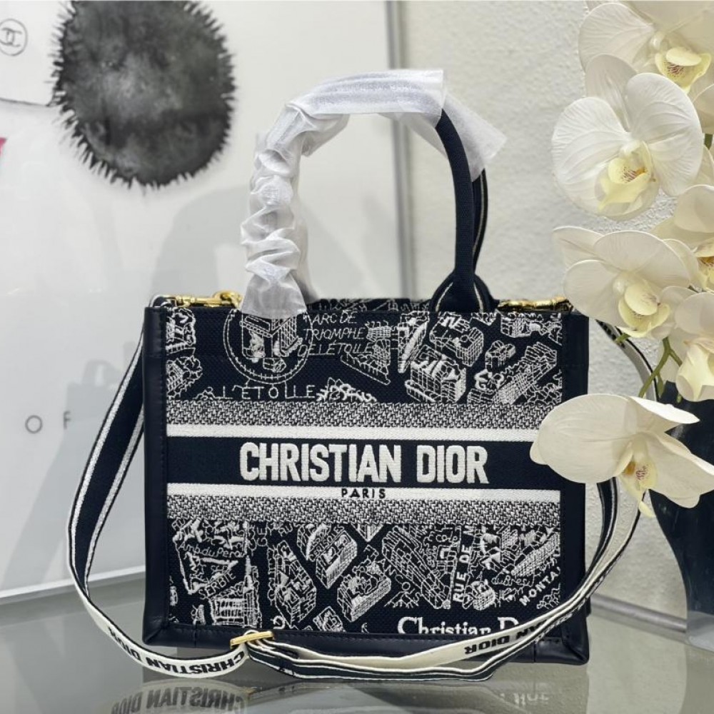 Christian Dior BOOK TOTE series Medium black and white with printed embroidered handbag Christian Dior BOOK TOTE series Medium black and white with printed embroidered handbag