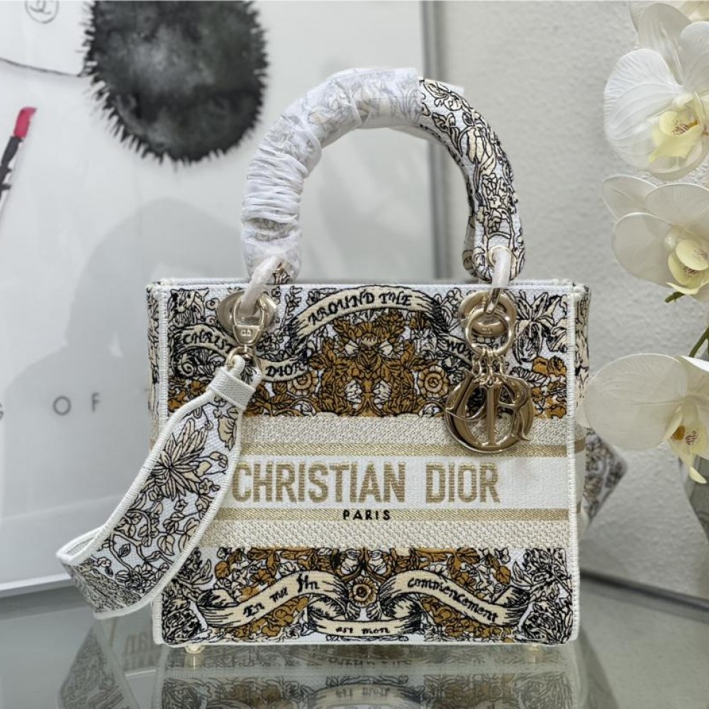 Christian Dior LADY DIOR series platinum embroidery gold silk print chain handbag Christian Dior LADY DIOR series platinum embroidery gold silk print chain handbag