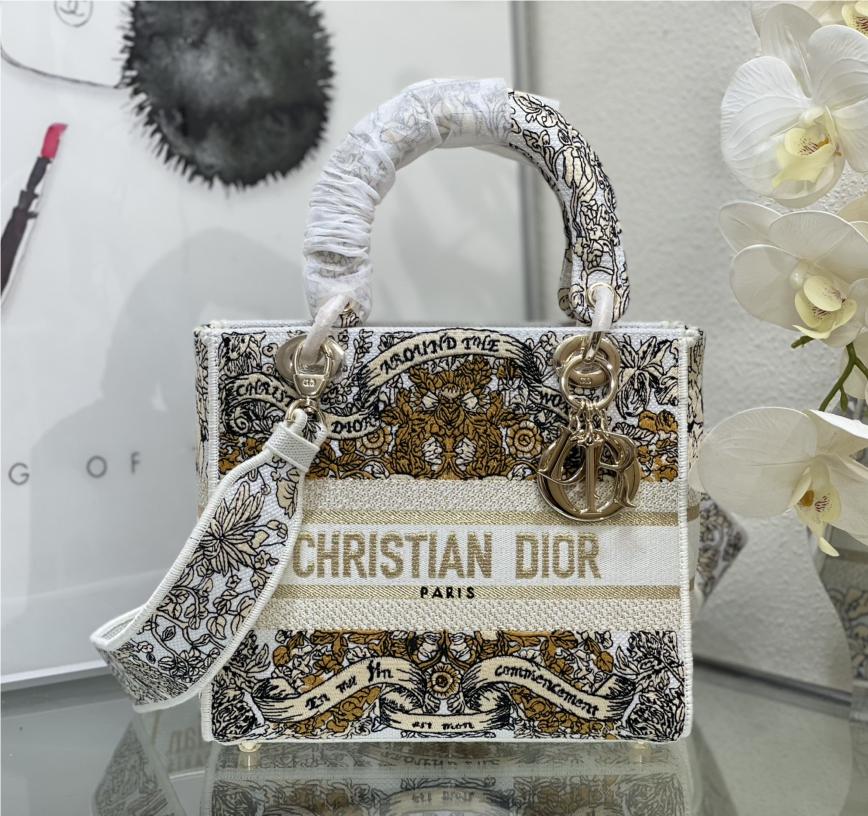Christian Dior LADY DIOR series platinum embroidery gold silk print chain handbag Christian Dior LADY DIOR series platinum embroidery gold silk print chain handbag