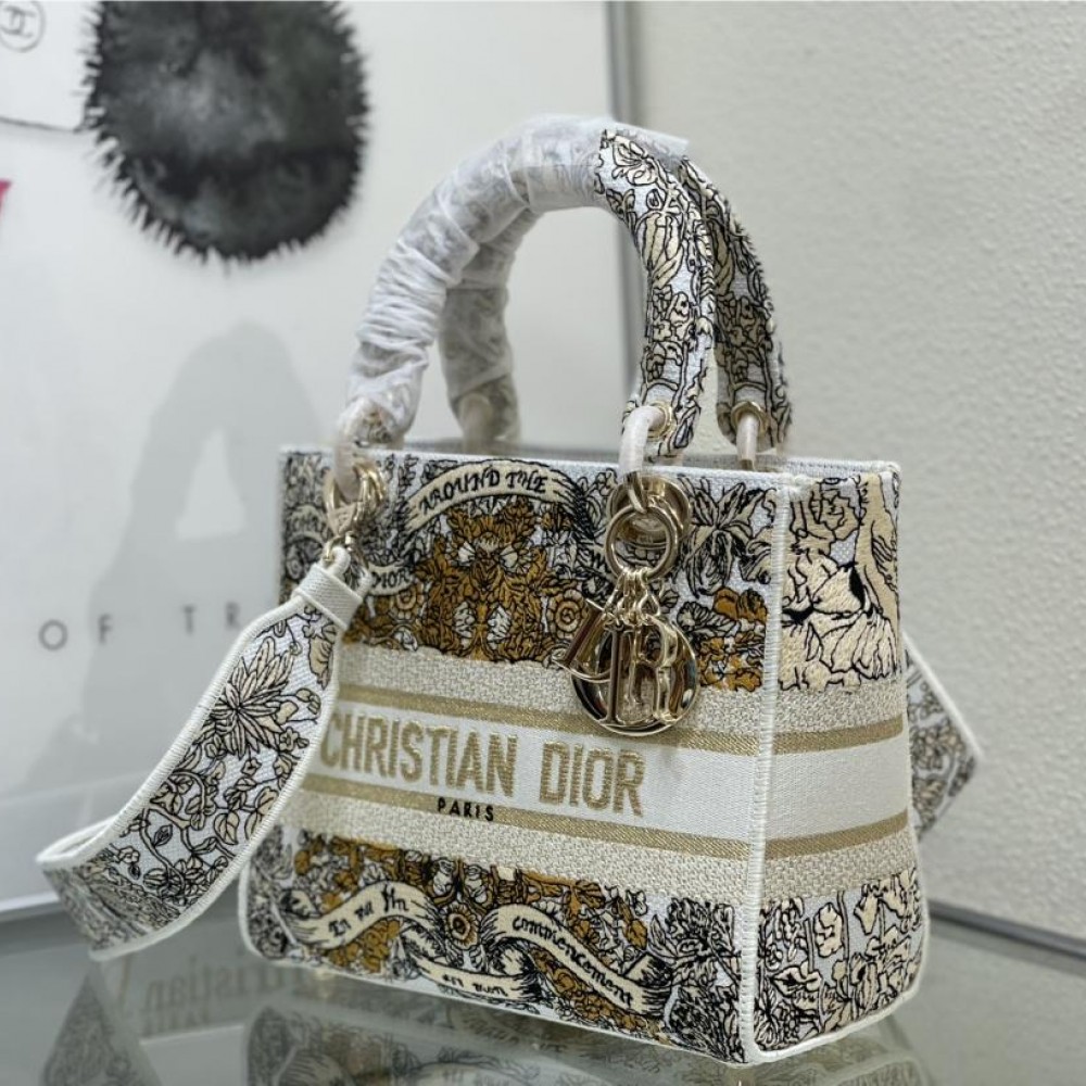 Christian Dior LADY DIOR series platinum embroidery gold silk print chain handbag Christian Dior LADY DIOR series platinum embroidery gold silk print chain handbag